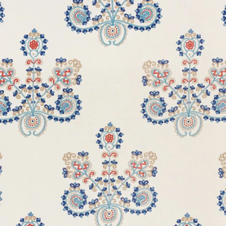 Schumacher 74450 Estrella Embroidery Indigo Spice fabric swatch
