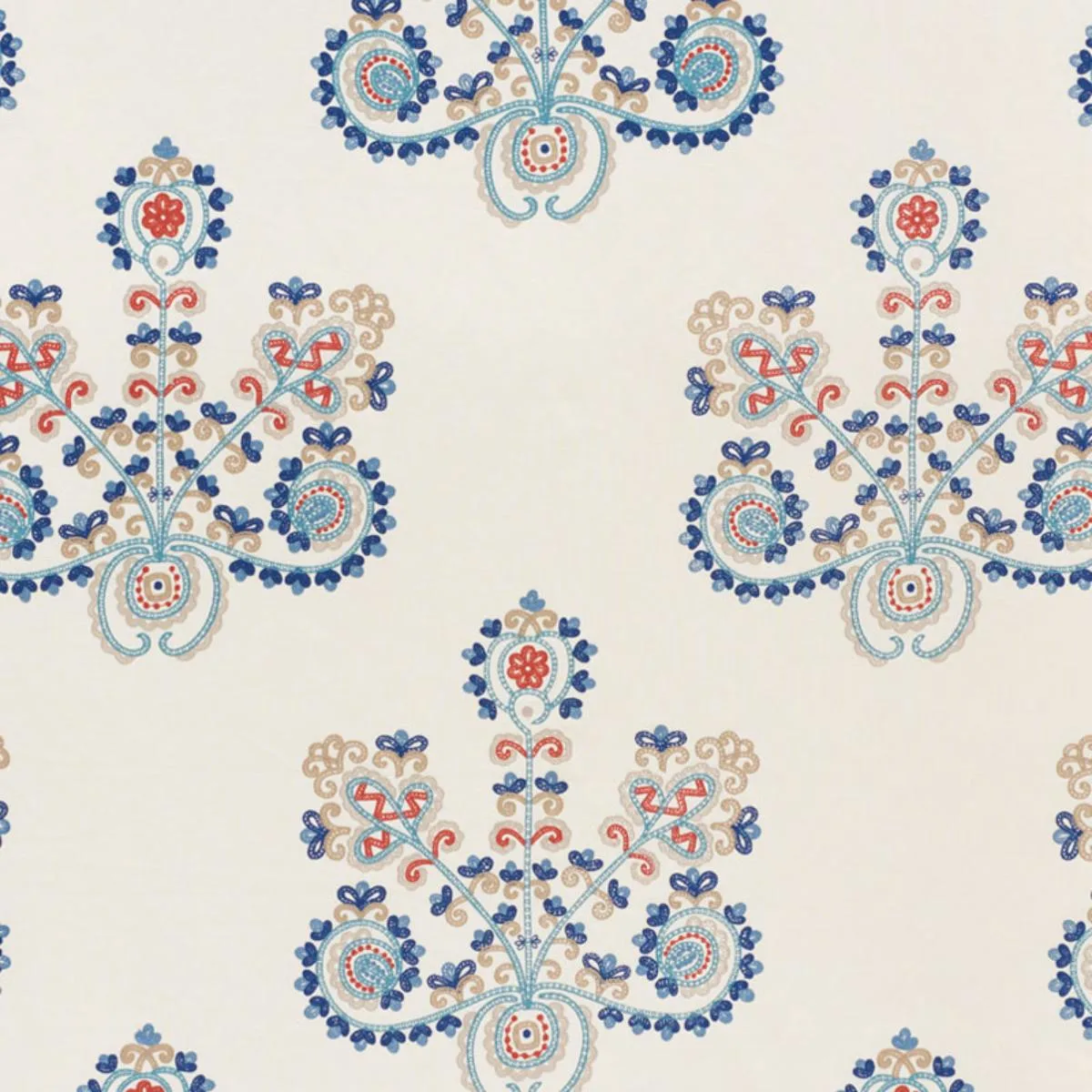 Schumacher 74450 Estrella Embroidery Indigo Spice fabric swatch