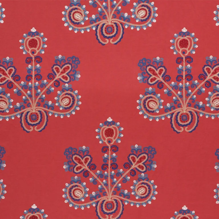 Schumacher 74451 Estrella Embroidery Vermilion fabric swatch