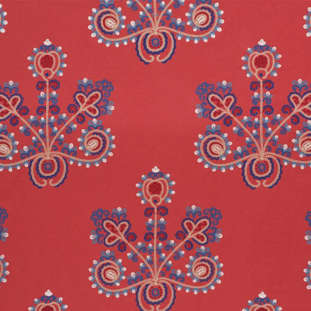 Schumacher 74451 Estrella Embroidery Vermilion fabric swatch