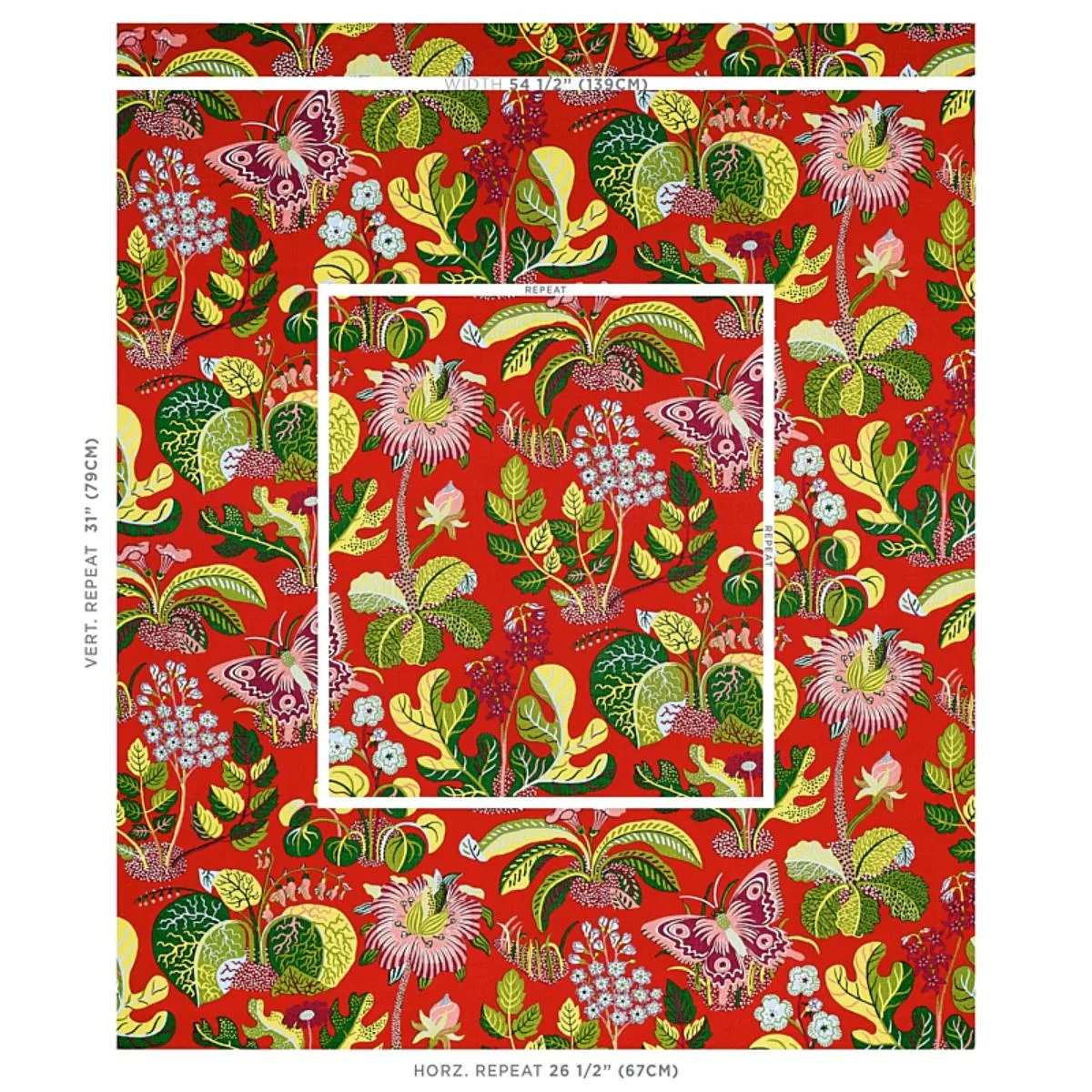 Schumacher 176180 Exotic Butterfly Red fabric swatch