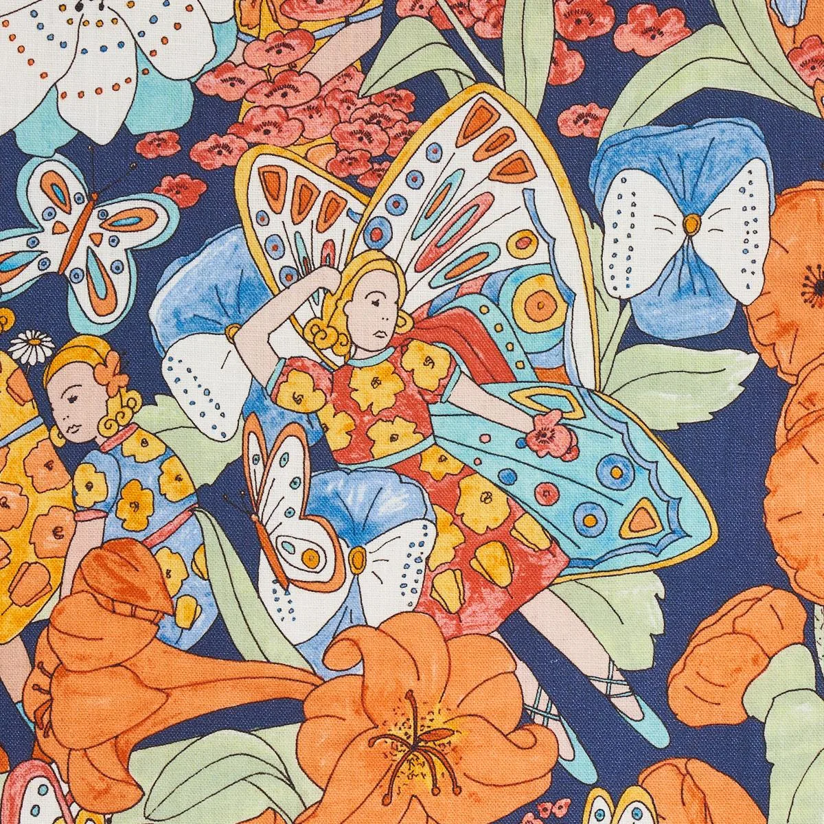 Schumacher 180141 Fairie Garden Orange And Navy fabric swatch