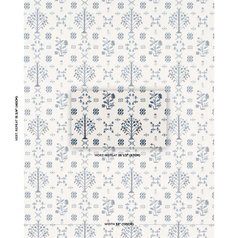 Schumacher 85981 Fairview Cross Stitch Embroidery Indigo fabric swatch