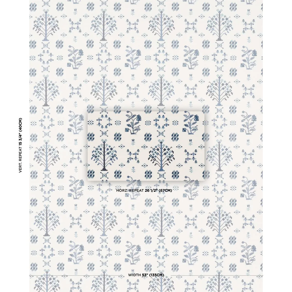 Schumacher 85981 Fairview Cross Stitch Embroidery Indigo fabric swatch