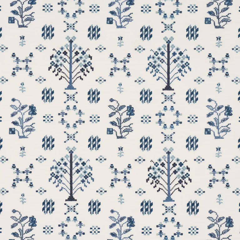 Schumacher 85981 Fairview Cross Stitch Embroidery Indigo fabric swatch