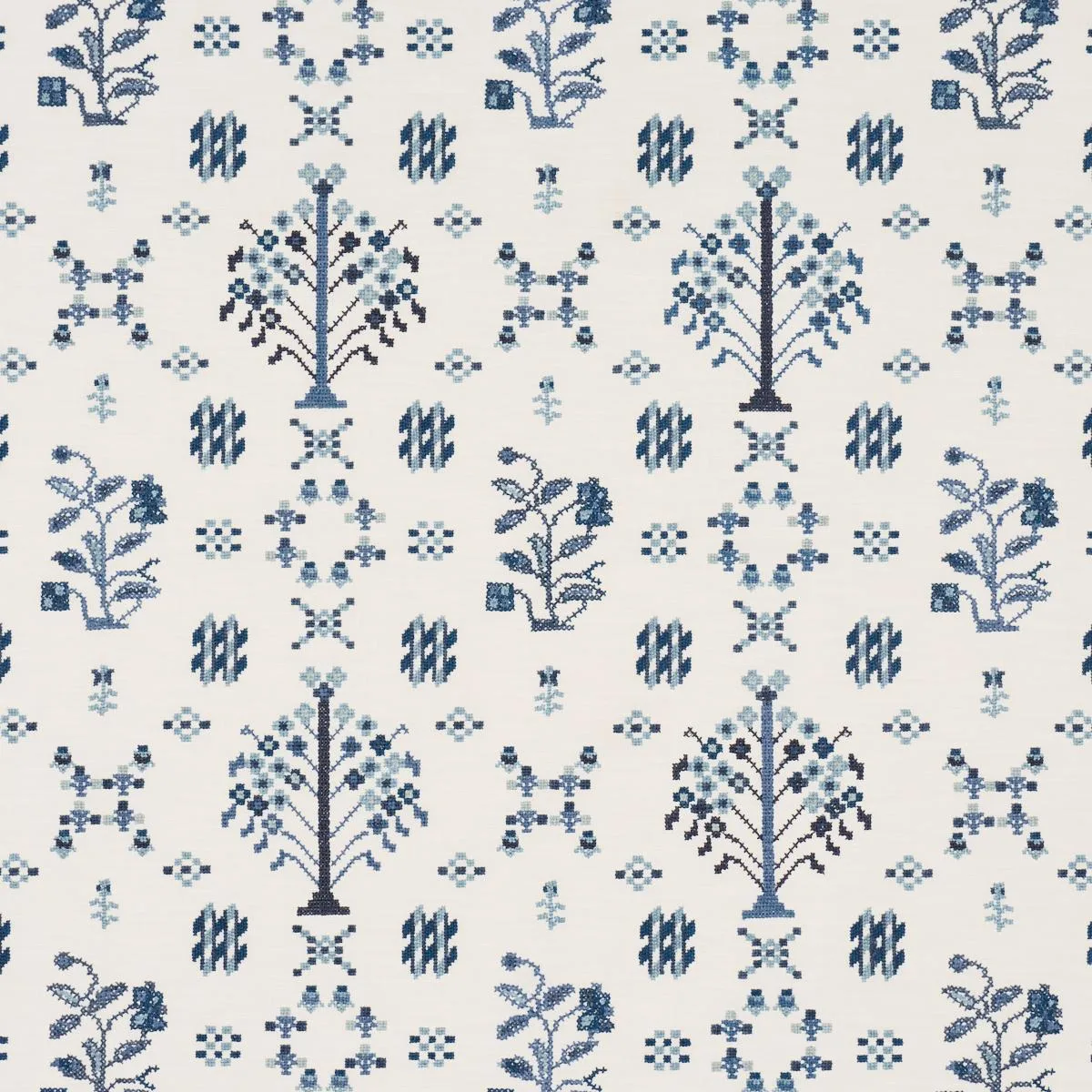 Schumacher 85981 Fairview Cross Stitch Embroidery Indigo fabric swatch