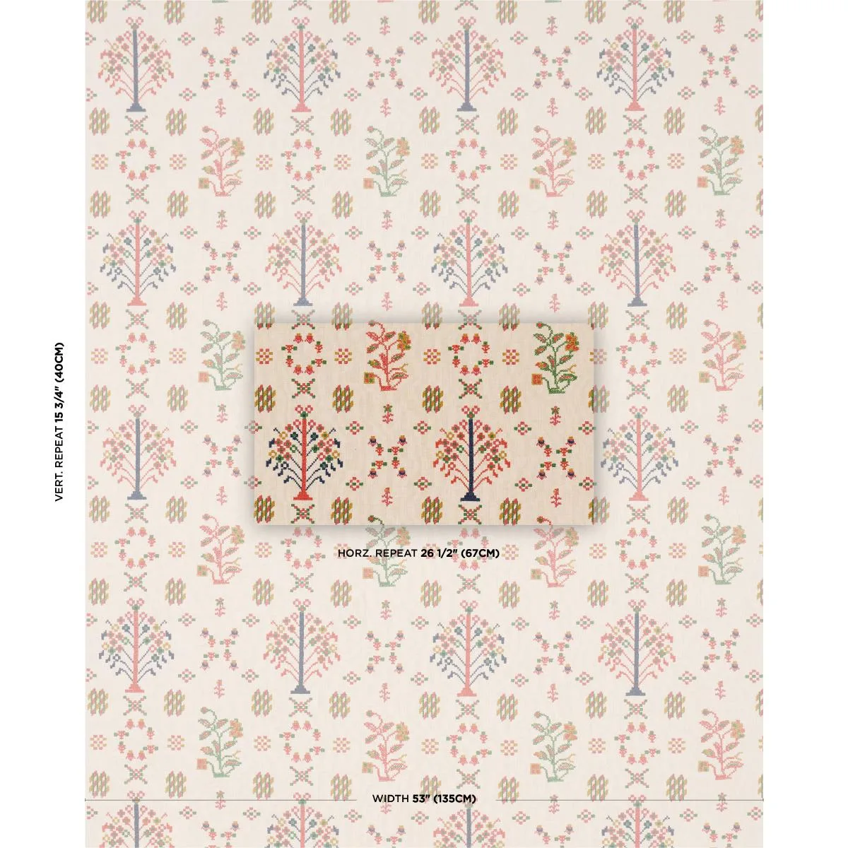 Schumacher 85980 Fairview Cross Stitch Embroidery Multi fabric swatch