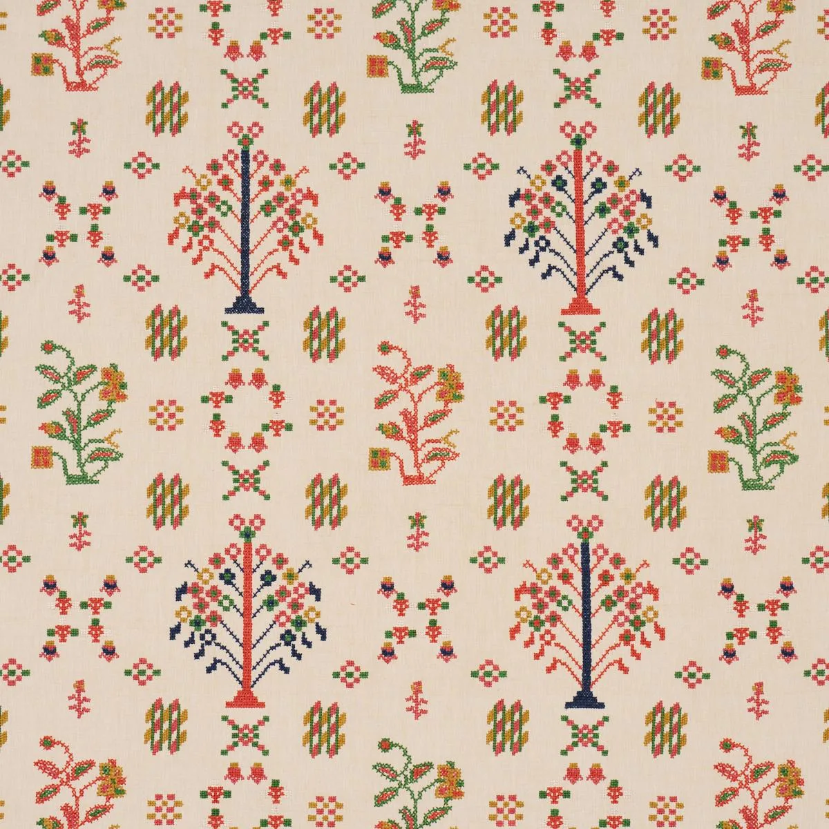 Schumacher 85980 Fairview Cross Stitch Embroidery Multi fabric swatch