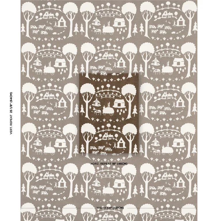 Schumacher 180881 Farm Scene Brown fabric swatch
