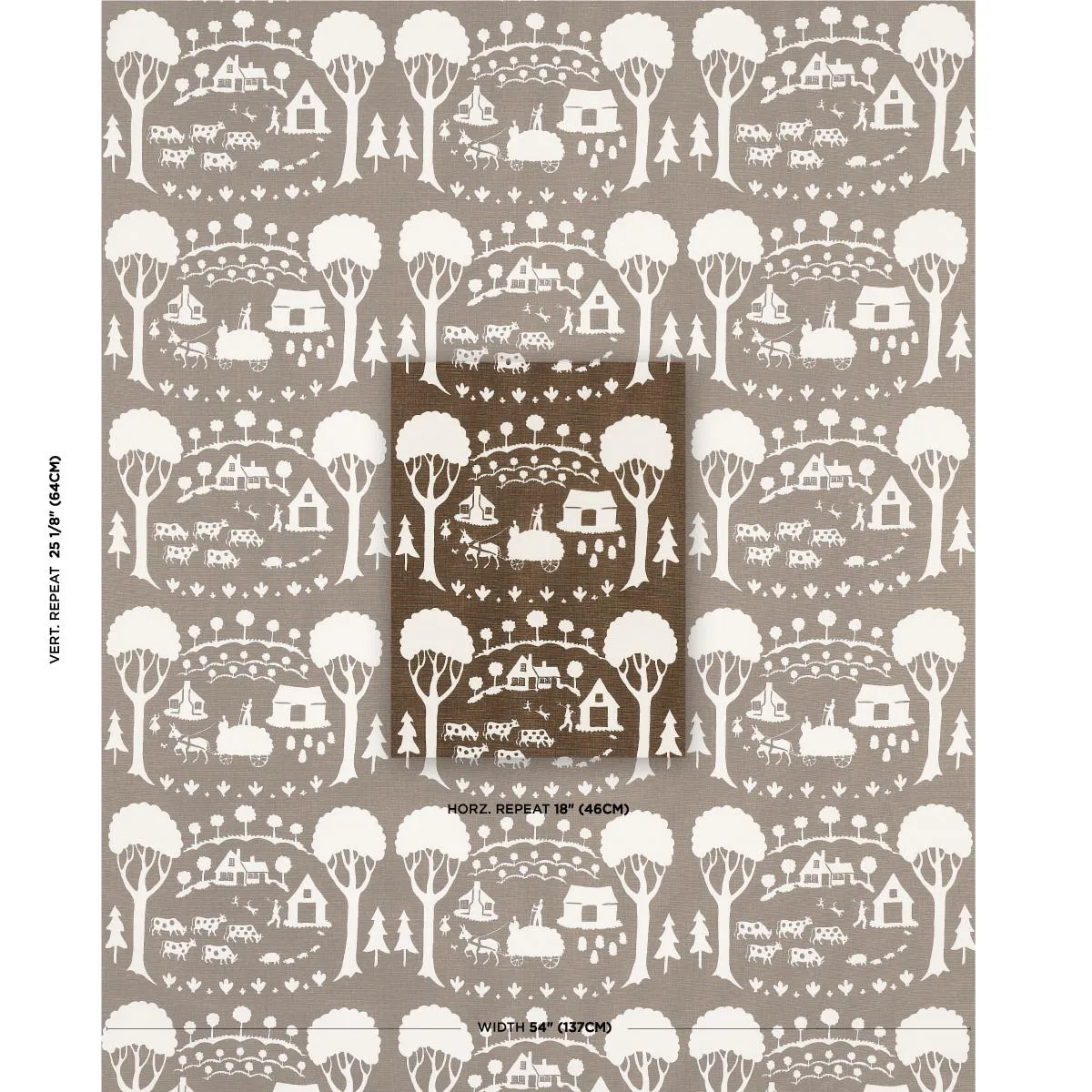 Schumacher 180881 Farm Scene Brown fabric swatch