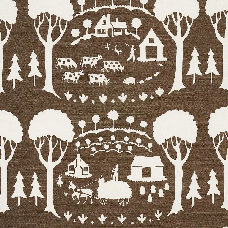 Schumacher 180881 Farm Scene Brown fabric swatch