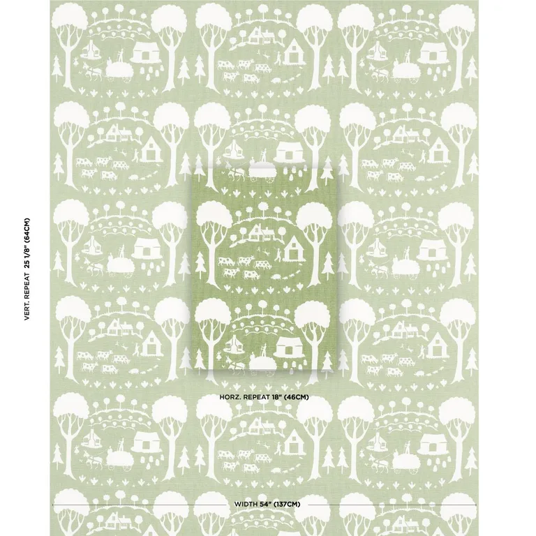 Schumacher 180880 Farm Scene Green fabric swatch
