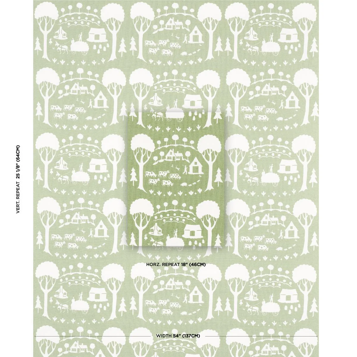 Schumacher 180880 Farm Scene Green fabric swatch