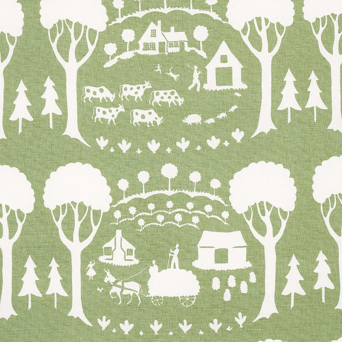 Schumacher 180880 Farm Scene Green fabric swatch