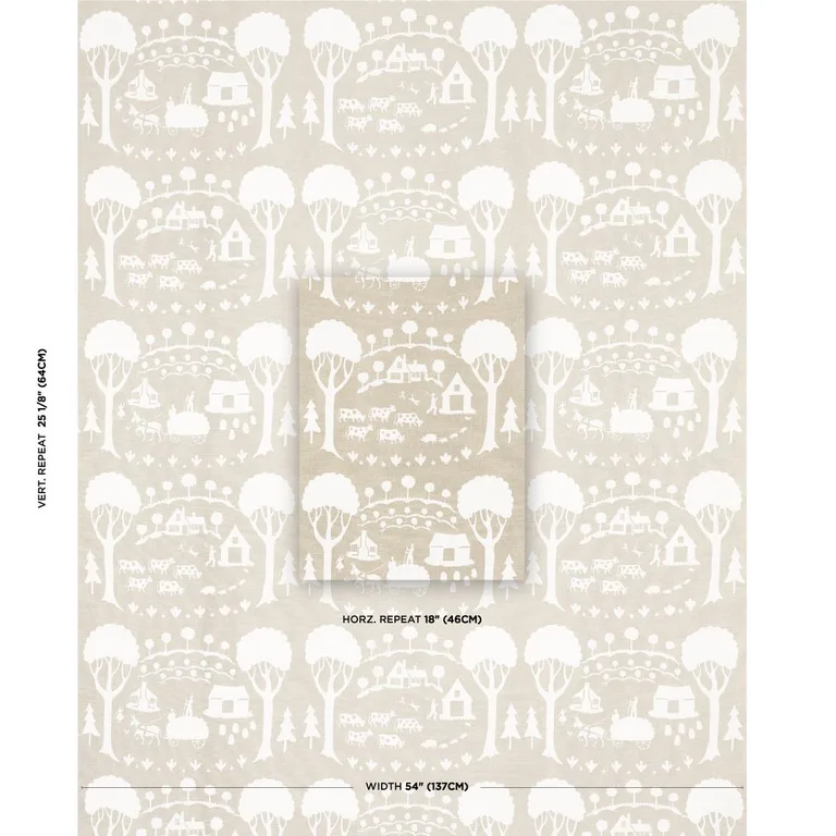 Schumacher 180882 Farm Scene Neutral fabric swatch