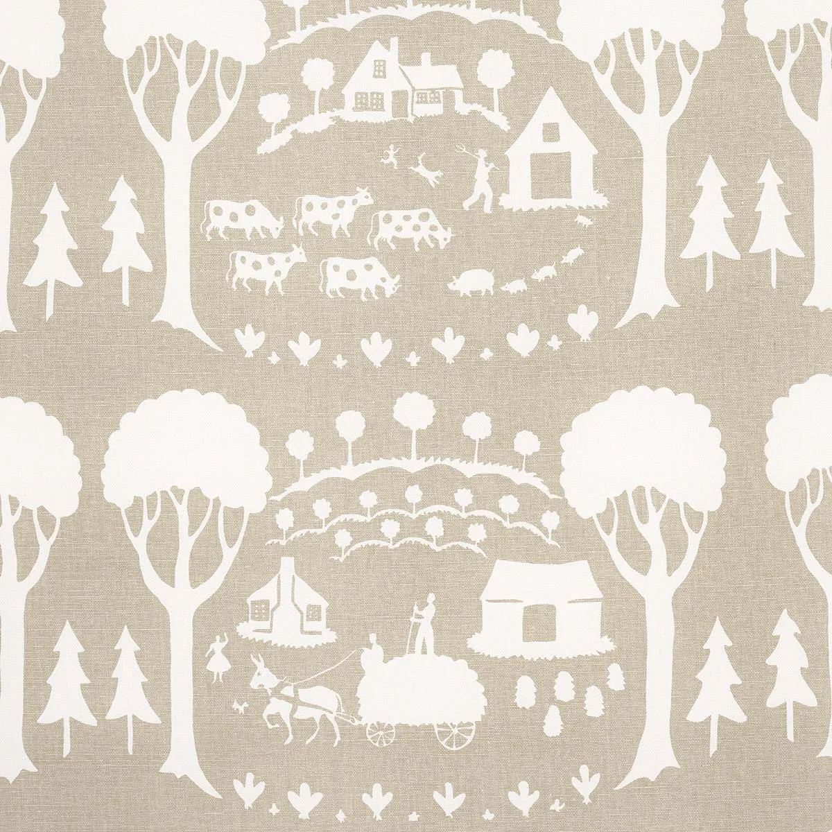 Schumacher 180882 Farm Scene Neutral fabric swatch