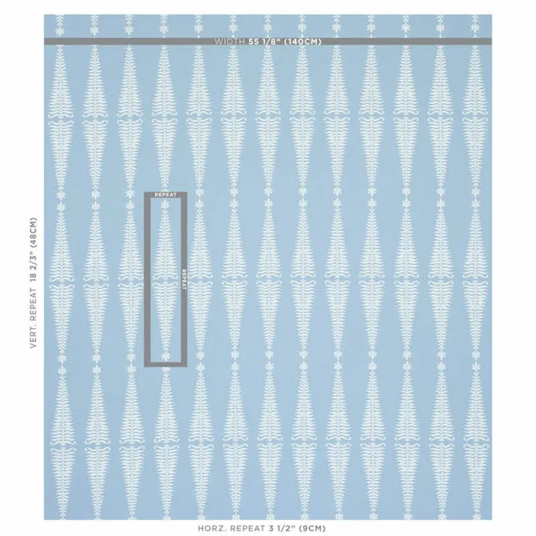 Schumacher 2643884 Fern Tree Ivory & Sky fabric swatch