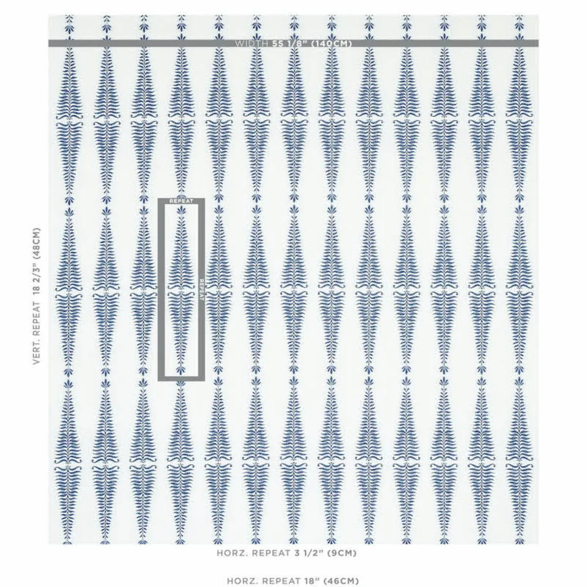 Schumacher 2643882 Fern Tree Navy & White fabric swatch