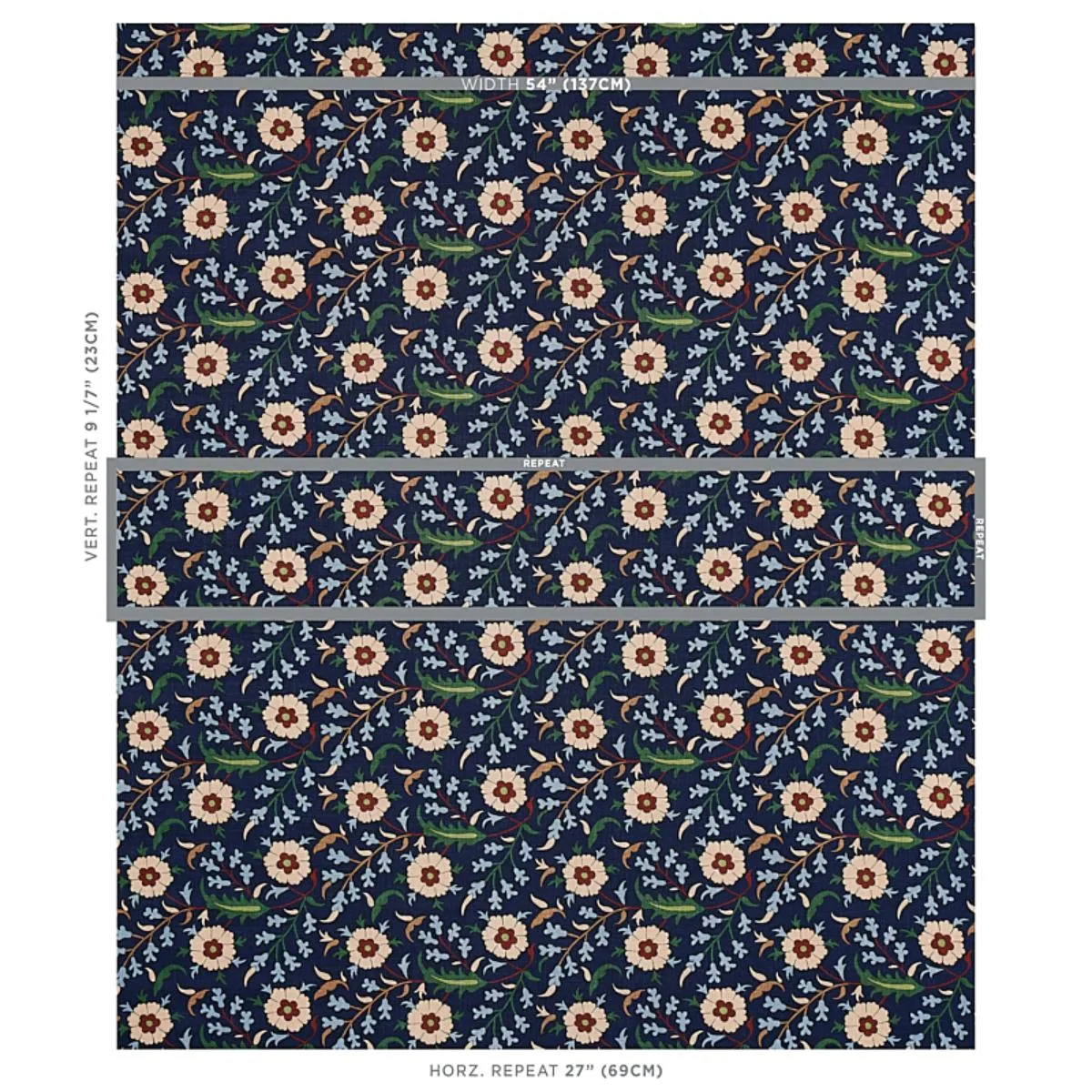 Schumacher 179951 Floralia Indigo fabric swatch