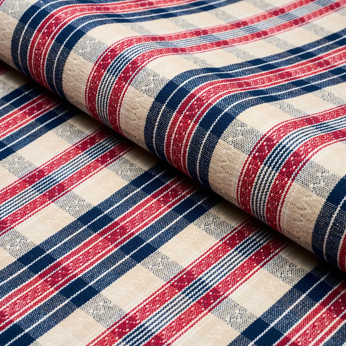 Schumacher 84720 Fonda Hand Woven Plaid Rouge & Navy fabric swatch