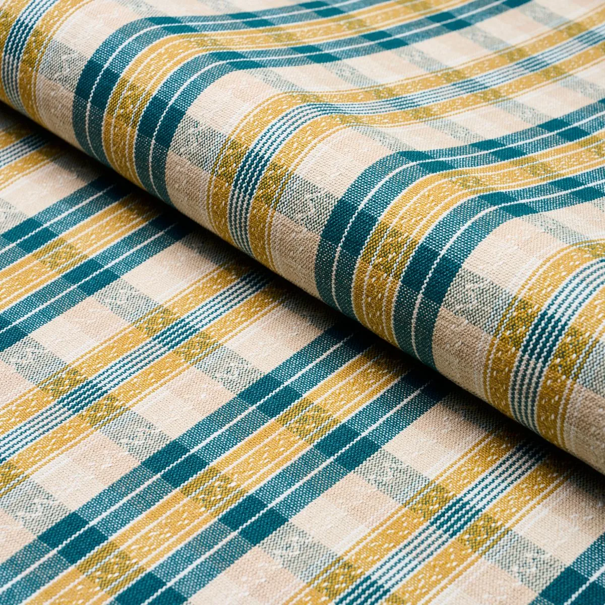 Schumacher 84722 Fonda Hand Woven Plaid Teal & Citron fabric swatch