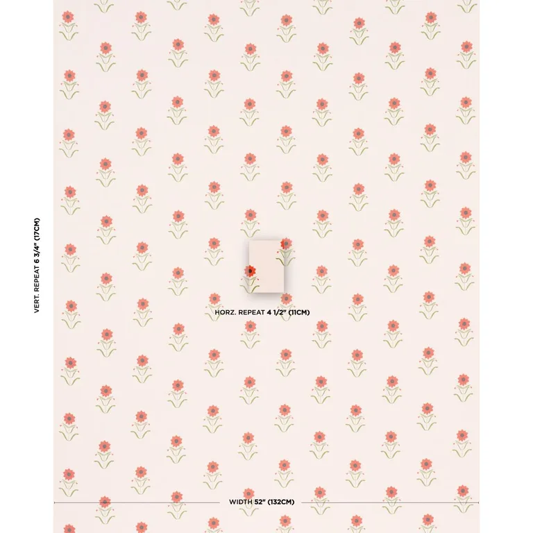 Schumacher 181980 Forget Me Nots Red On Pink fabric swatch