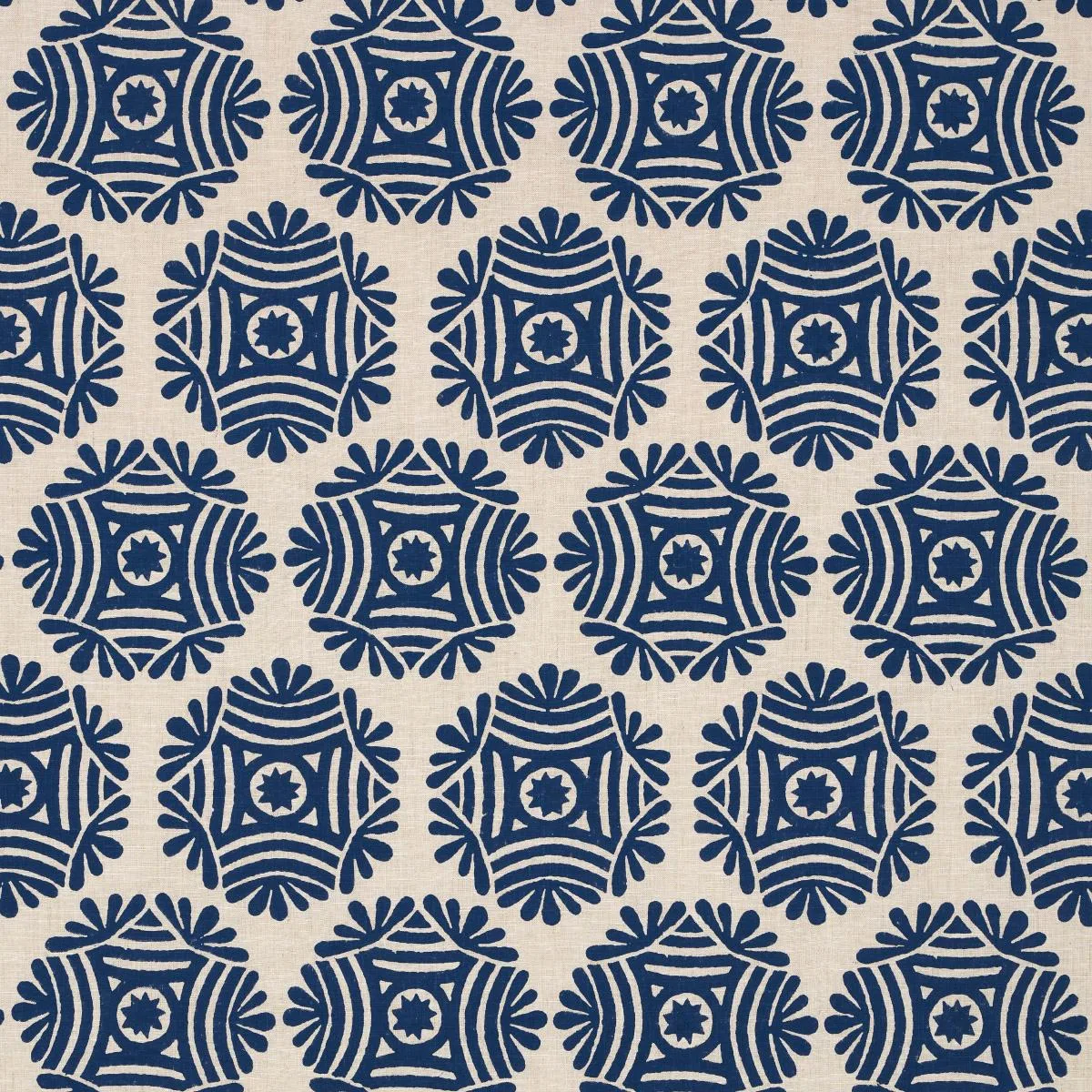 Schumacher 181541 Gilded Star Block Print Navy On Natural fabric swatch