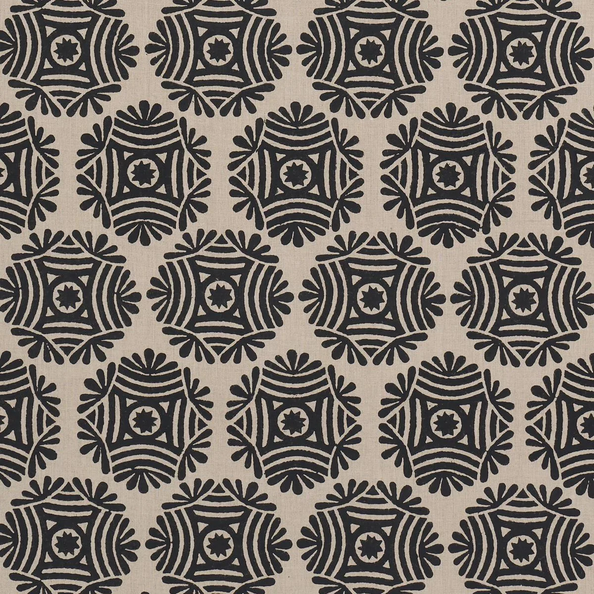 Schumacher 181543 Gilded Star Hand Block Black fabric swatch
