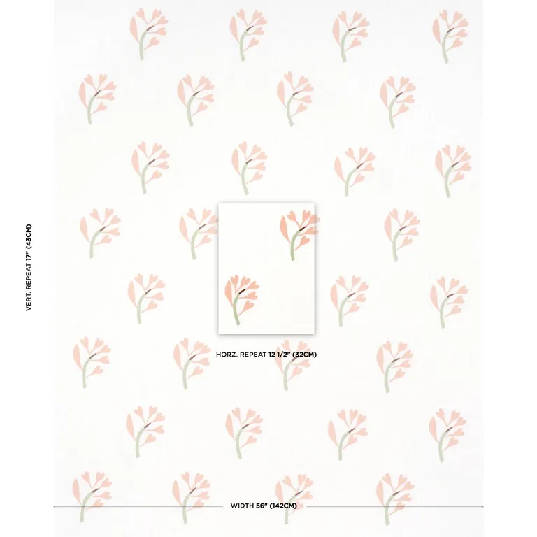 Schumacher 182410 Ginkgo Hand Block Print Pink And Sage On White fabric swatch