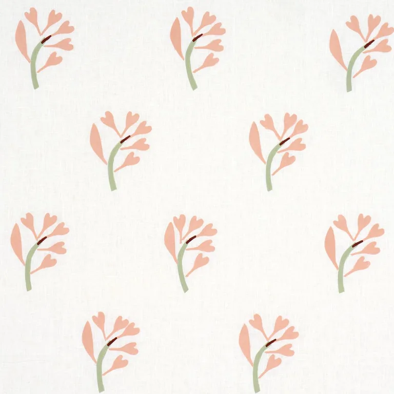 Schumacher 182410 Ginkgo Hand Block Print Pink And Sage On White fabric swatch