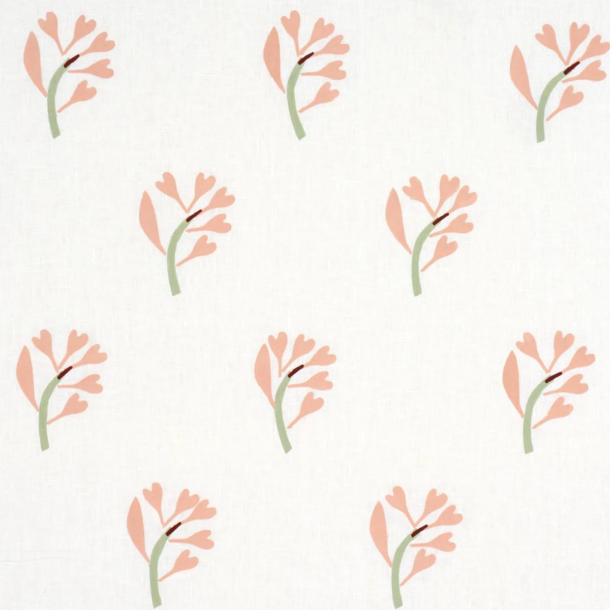 Schumacher 182410 Ginkgo Hand Block Print Pink And Sage On White fabric swatch