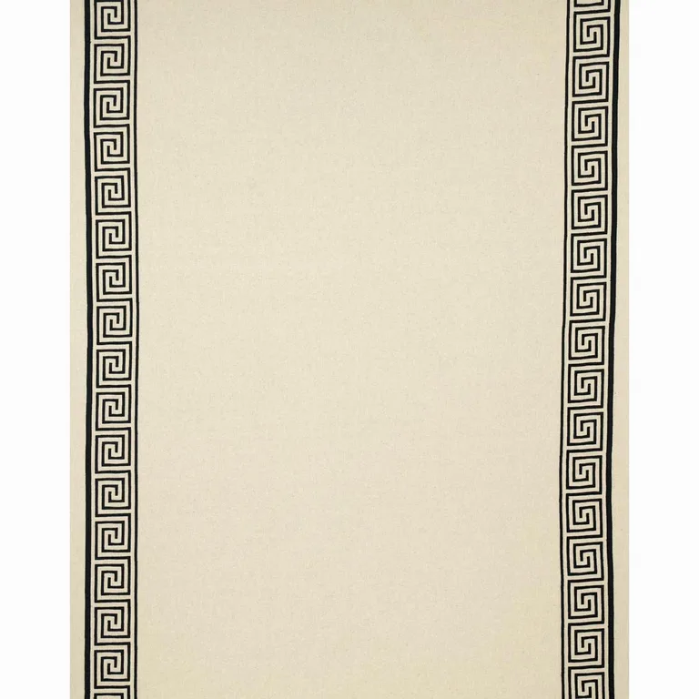 Schumacher 25801 Greek Key Embroidery Pebble And Black fabric swatch