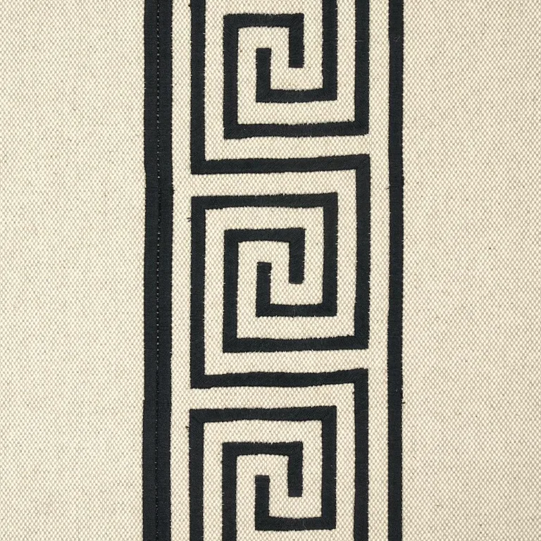 Schumacher 25801 Greek Key Embroidery Pebble And Black fabric swatch