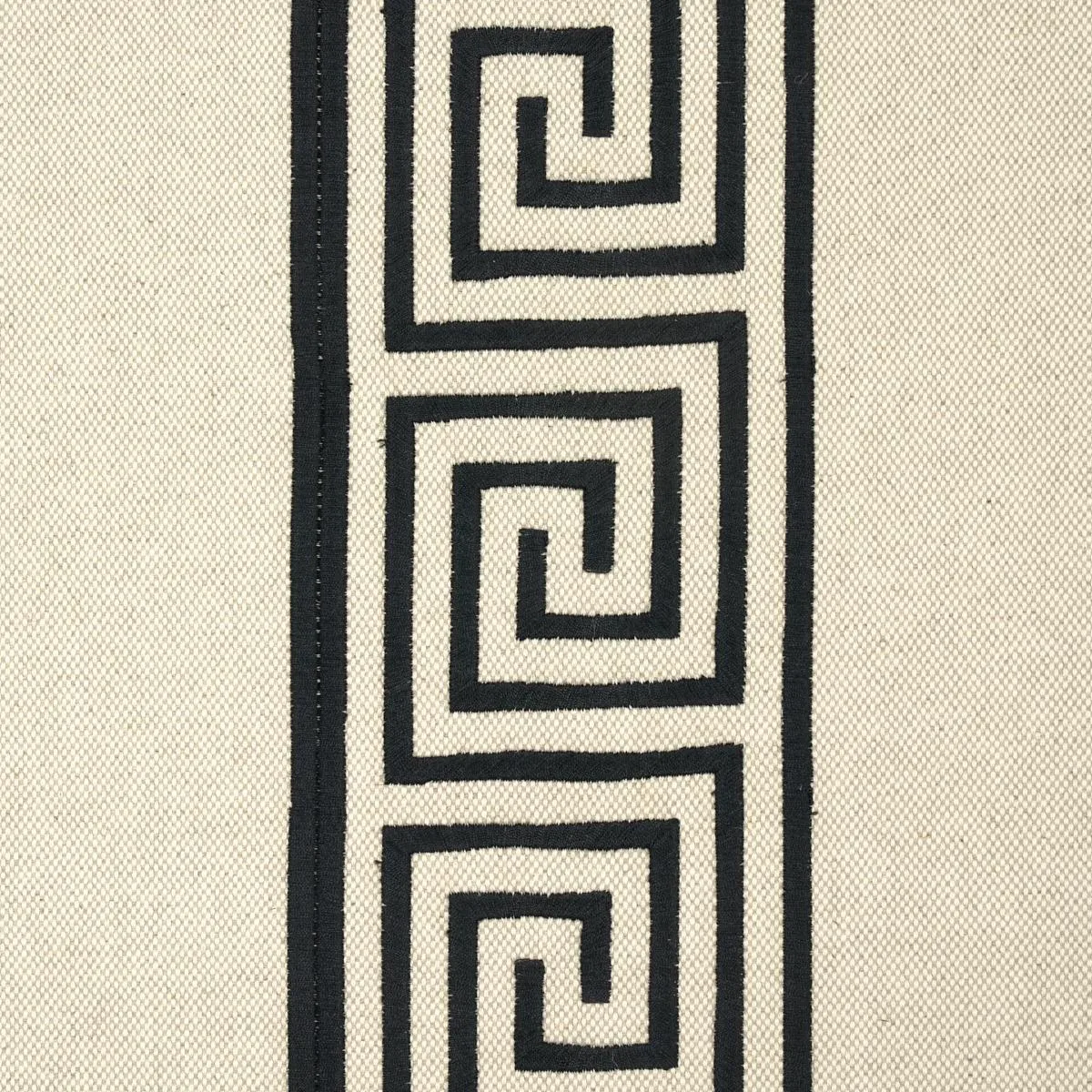 Schumacher 25801 Greek Key Embroidery Pebble And Black fabric swatch
