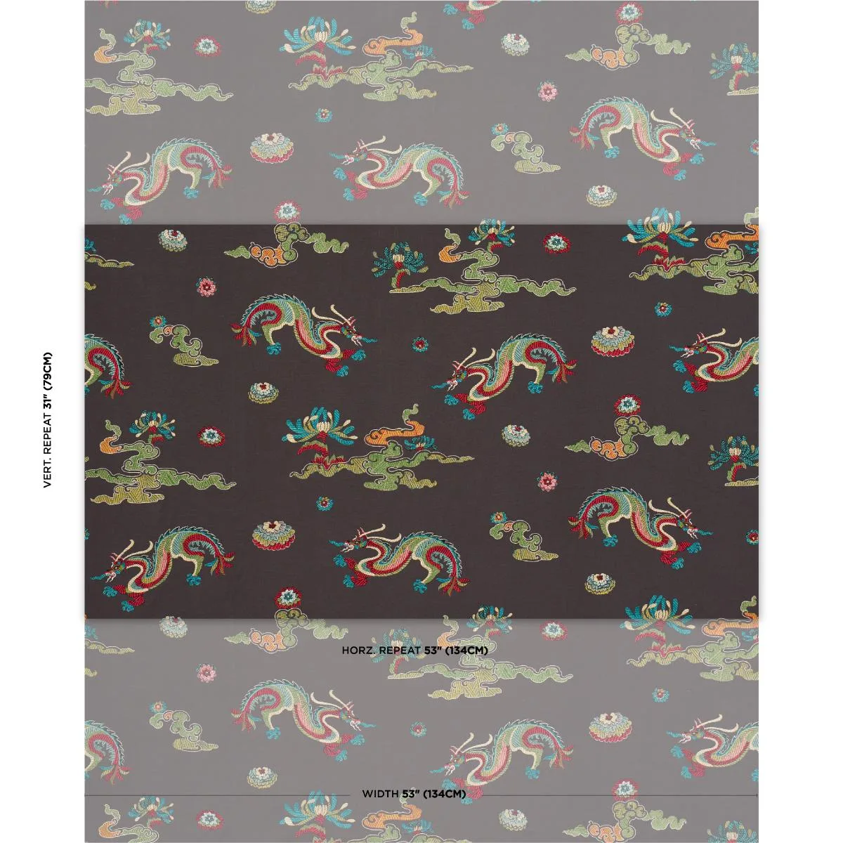 Schumacher 78113 Hanlun Dragon Embroidery Charcoal fabric swatch