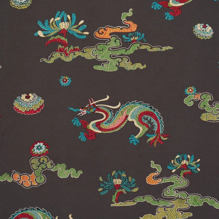 Schumacher 78113 Hanlun Dragon Embroidery Charcoal fabric swatch