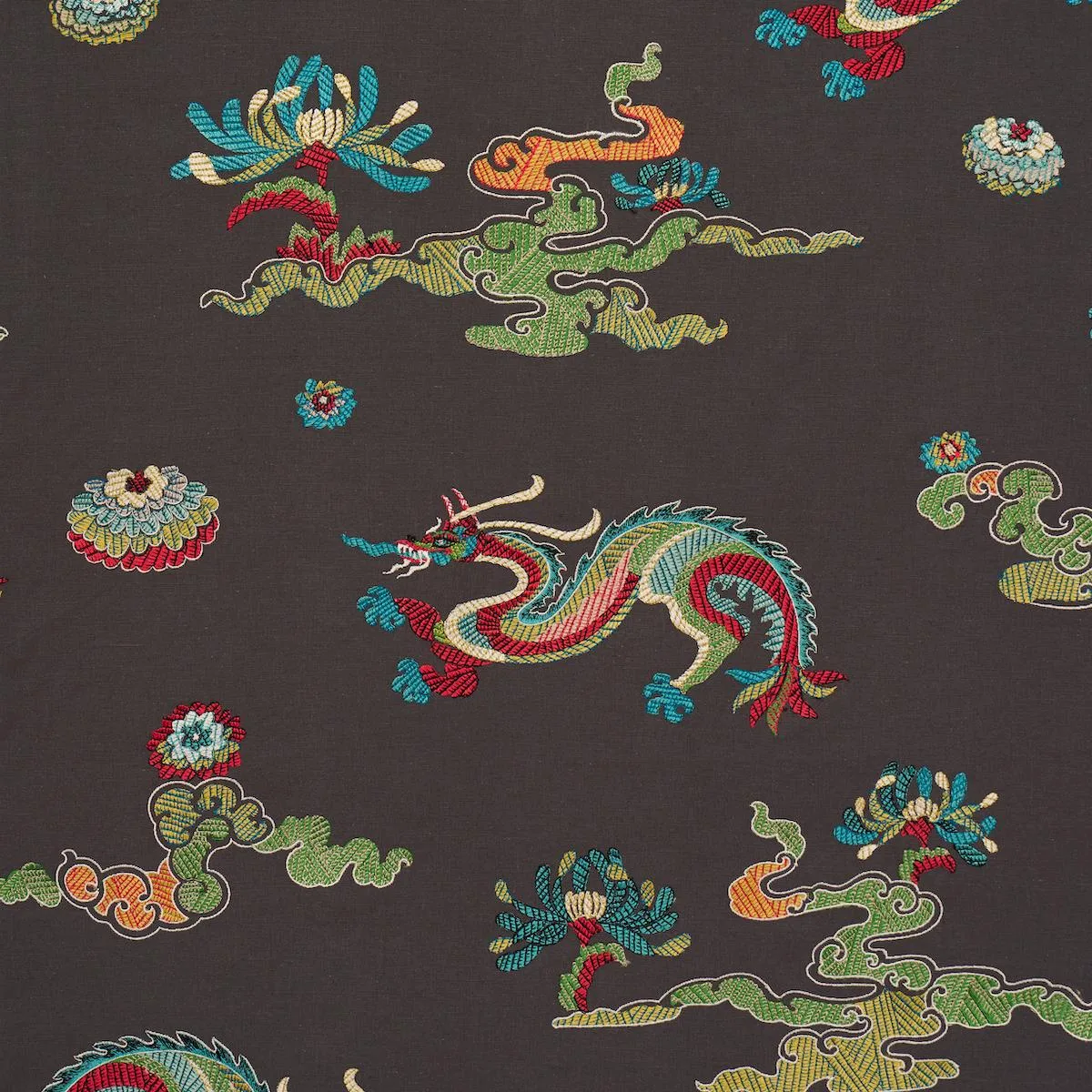 Schumacher 78113 Hanlun Dragon Embroidery Charcoal fabric swatch