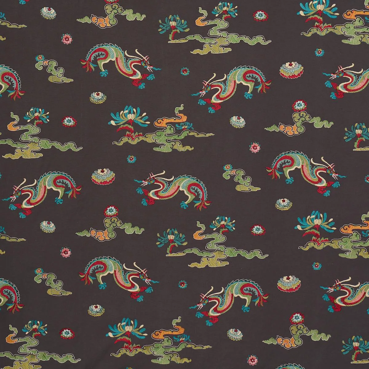 Schumacher 78113 Hanlun Dragon Embroidery Charcoal fabric swatch