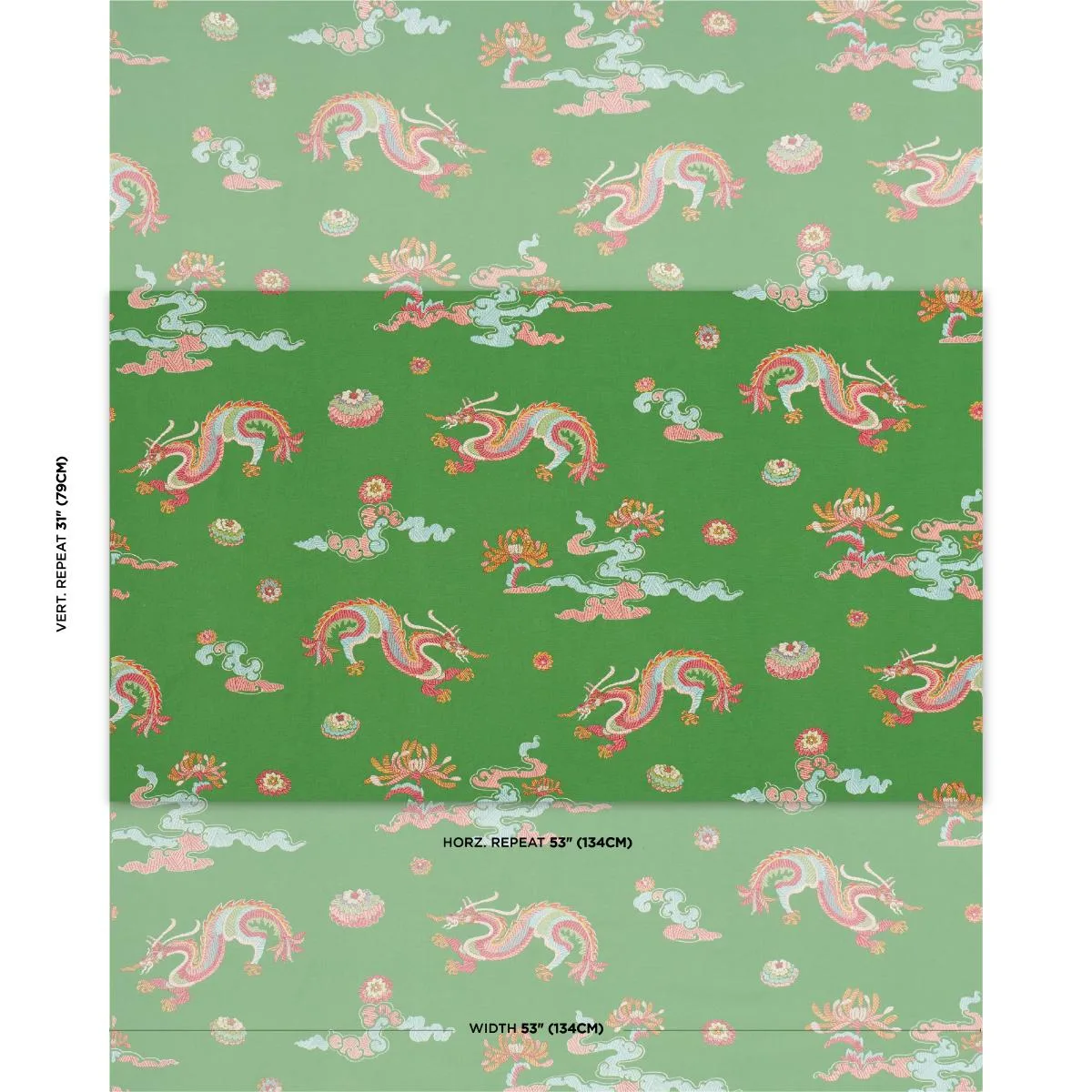 Schumacher 78112 Hanlun Dragon Embroidery Green fabric swatch