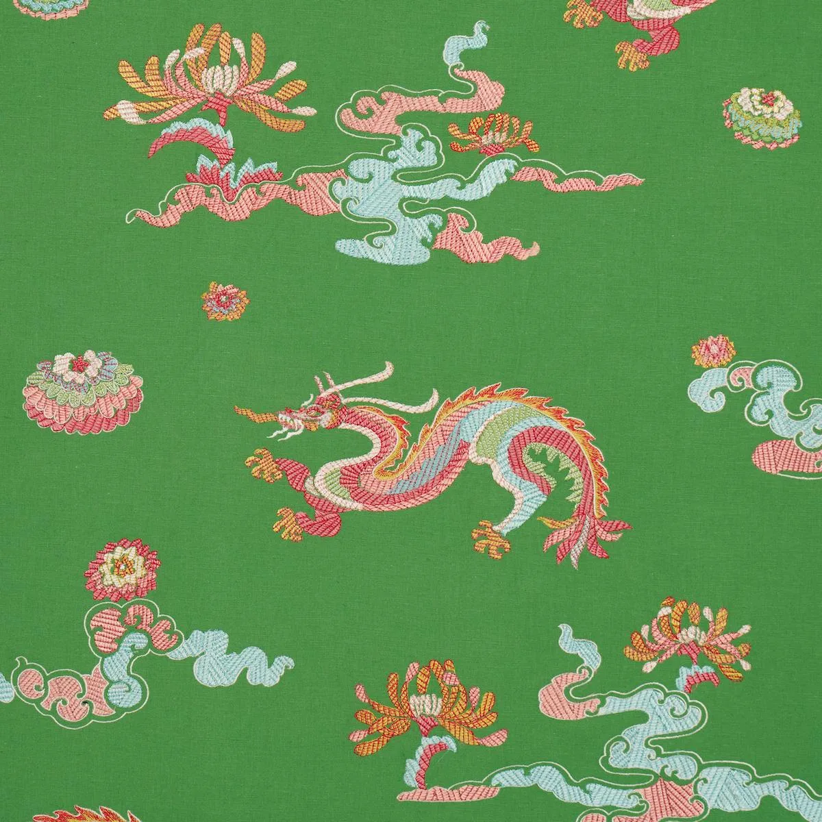 Schumacher 78112 Hanlun Dragon Embroidery Green fabric swatch