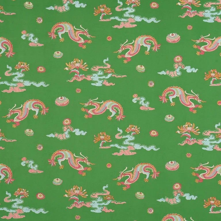 Schumacher 78112 Hanlun Dragon Embroidery Green fabric swatch