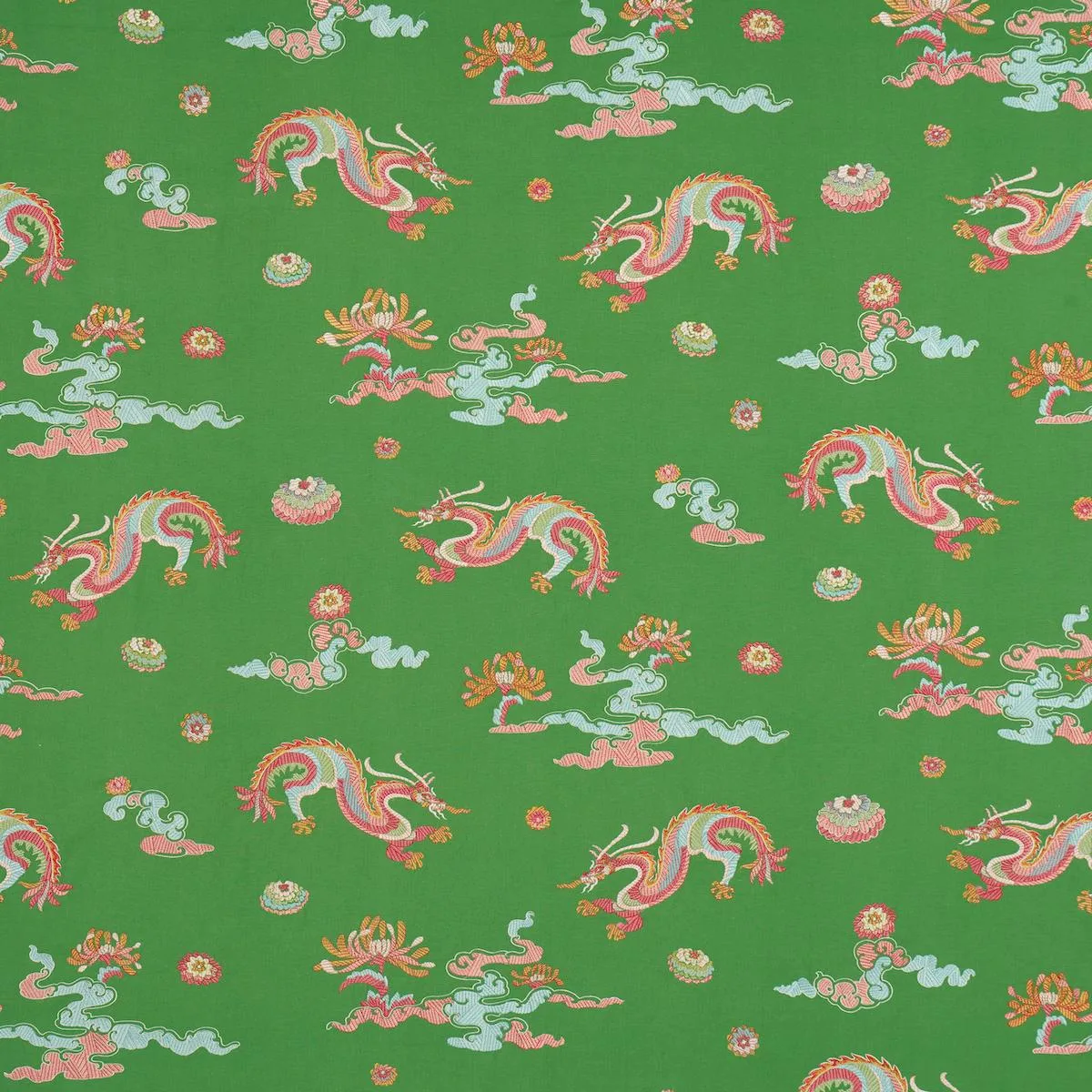 Schumacher 78112 Hanlun Dragon Embroidery Green fabric swatch