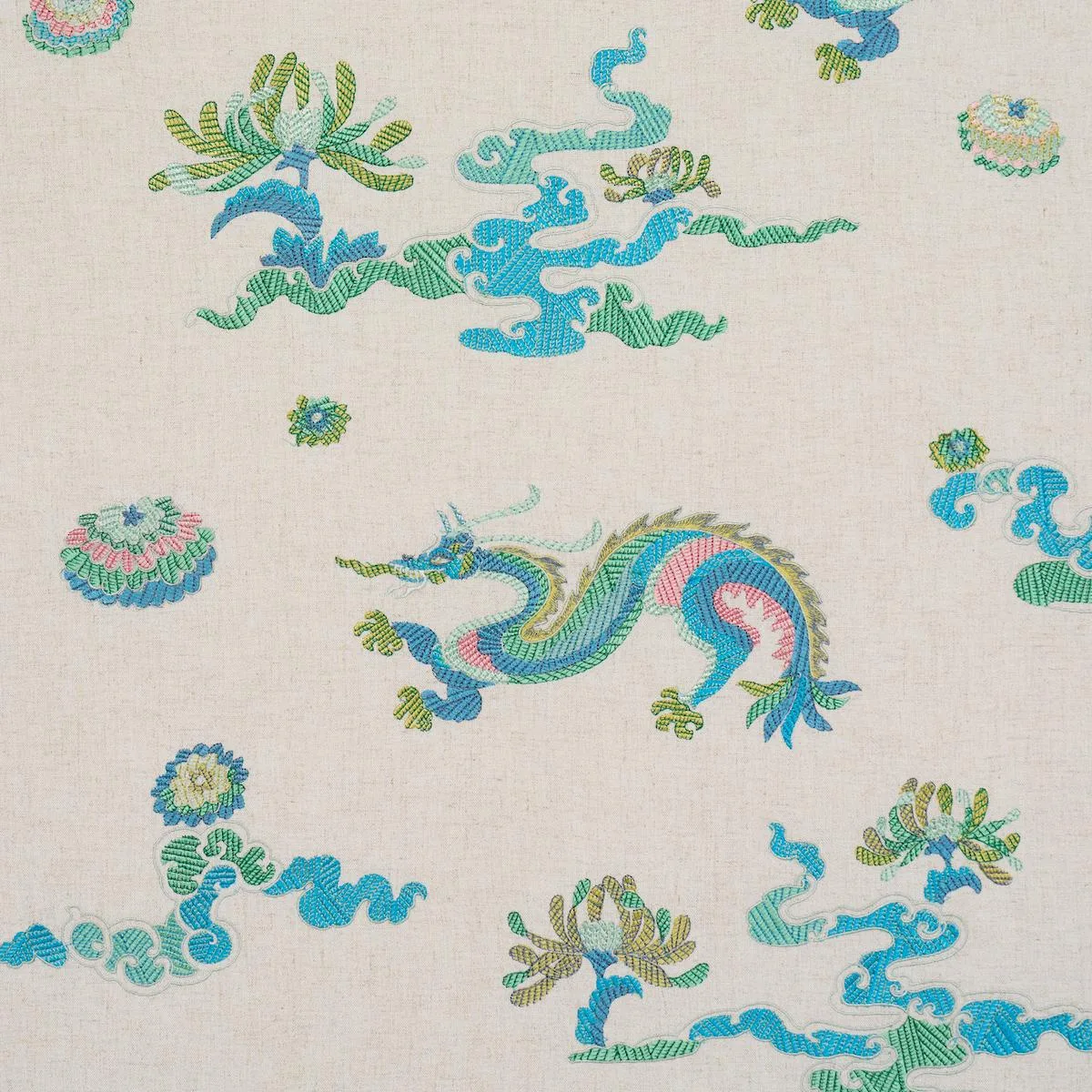 Schumacher 78110 Hanlun Dragon Embroidery Natural fabric swatch