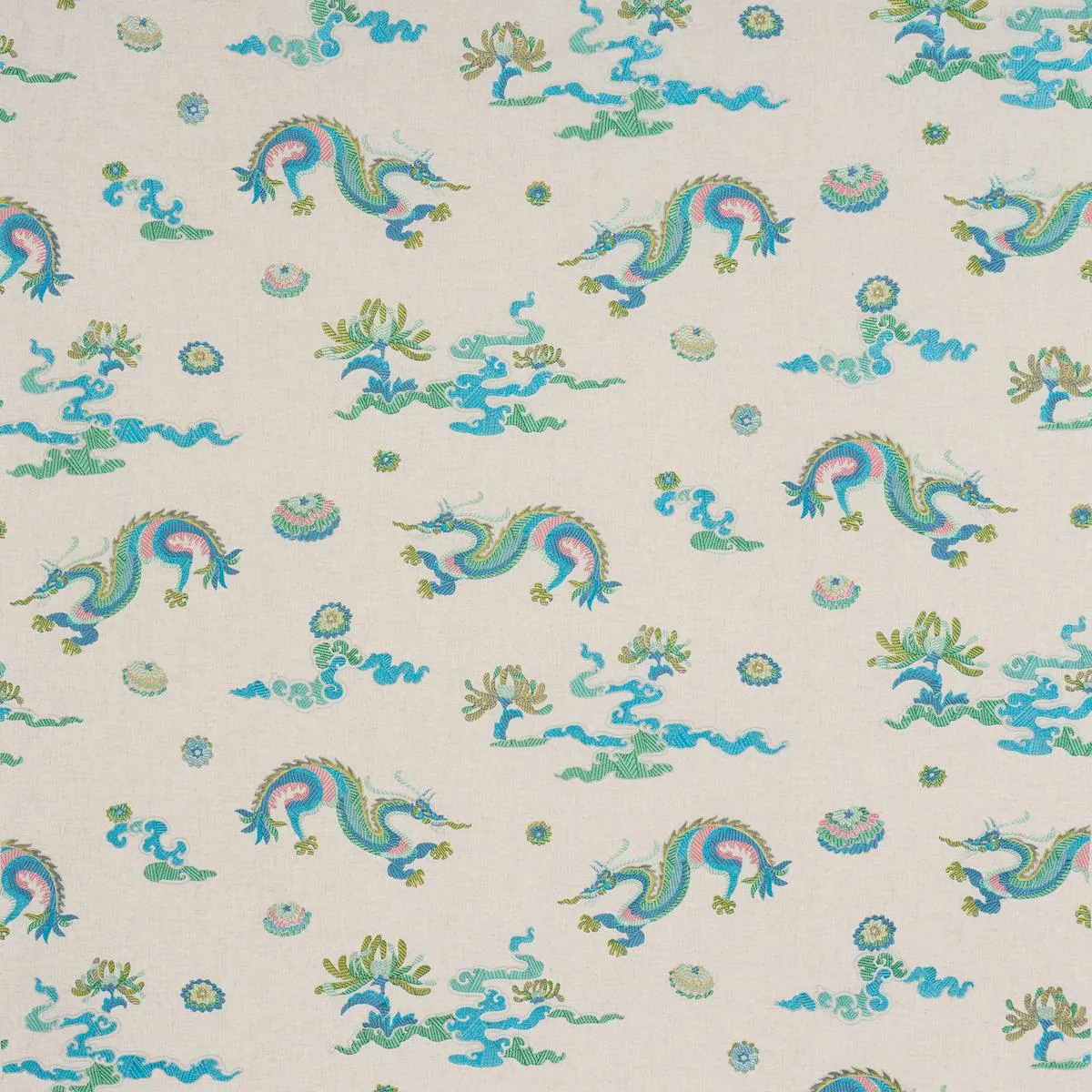 Schumacher 78110 Hanlun Dragon Embroidery Natural fabric swatch