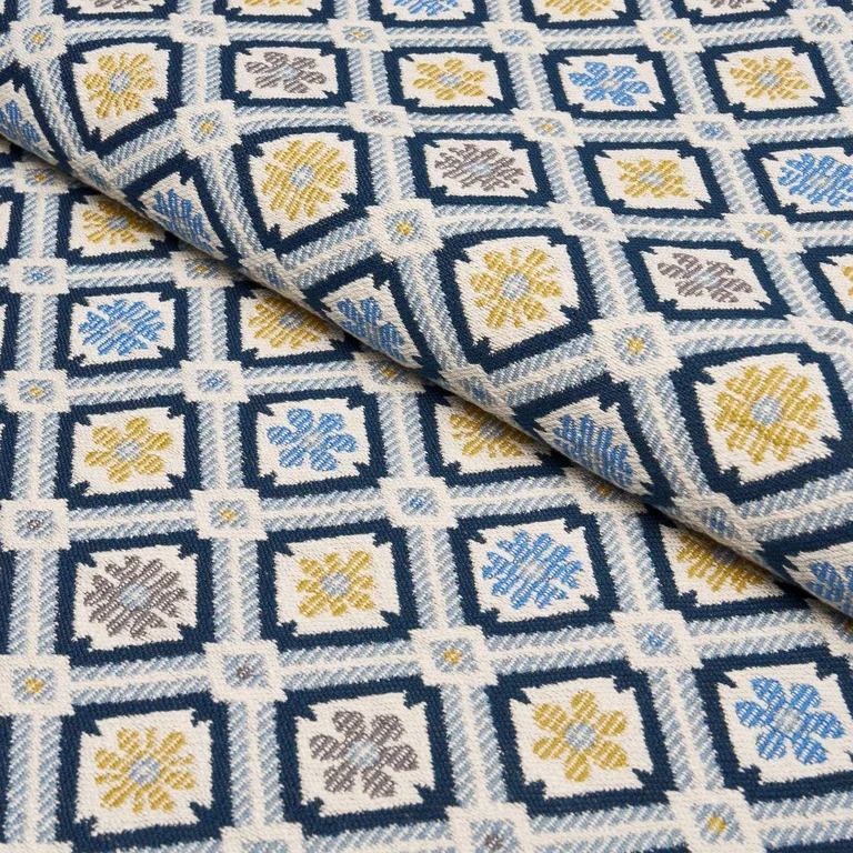 Schumacher 940204 Hospitality Savonnerie In/Out Denim fabric swatch