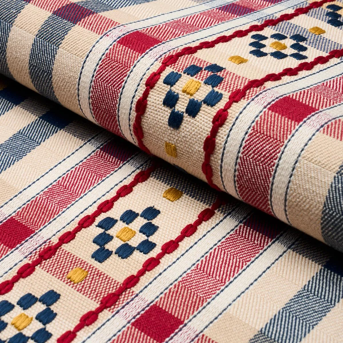 Schumacher 84730 Hutton Hand Woven Check Rouge & Navy fabric swatch