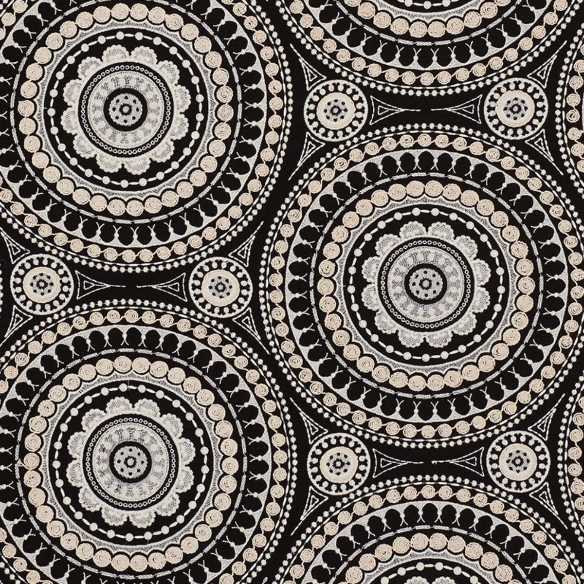 Schumacher 71953 Idris Embroidery Black & Ivory fabric swatch
