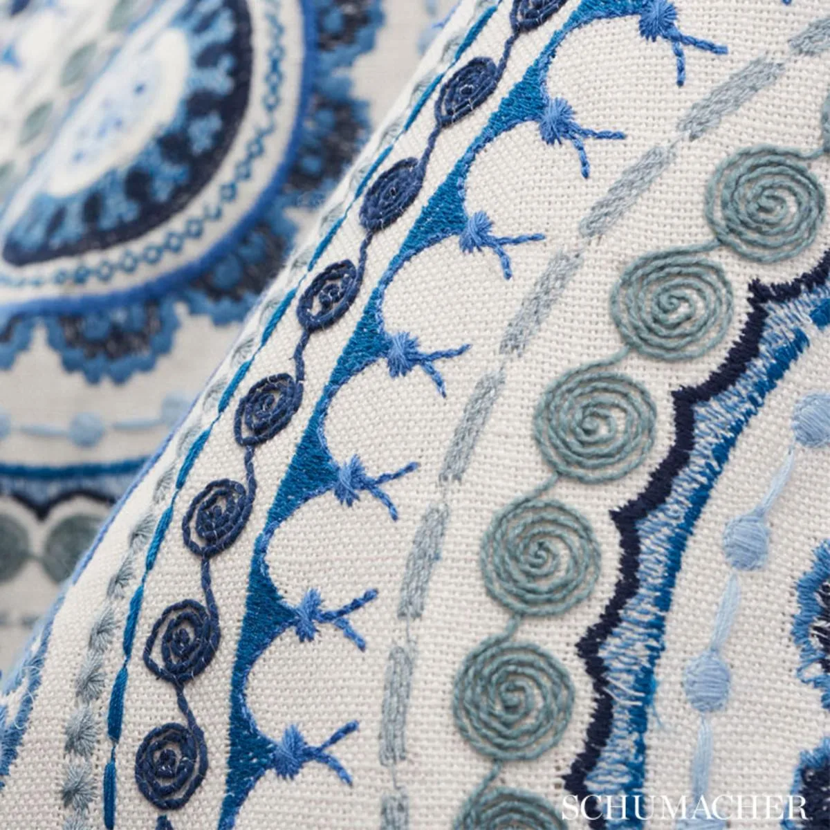 Schumacher 71952 Idris Embroidery Blues fabric swatch