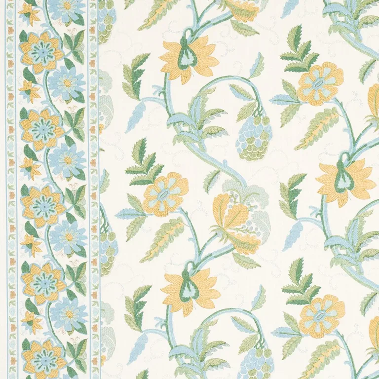 Schumacher 180110 Indali Bordered Linen Citron And Mineral fabric swatch