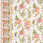 Schumacher 180111 Indali Bordered Linen Pink And Leaf fabric swatch